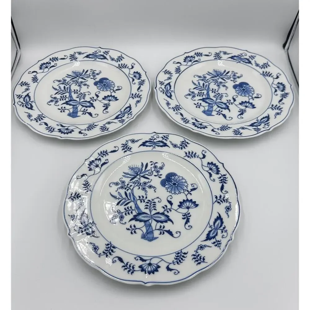 Danube 1950's Blue Onion Blue & White 3pc Dinner Plate Set Ribbon Hallmark Logo